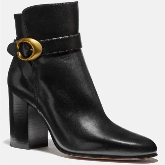 COACH Delaney Signature Buckle Bootie Heel in Classic Black Leather Size 10 - Picture 1 of 10